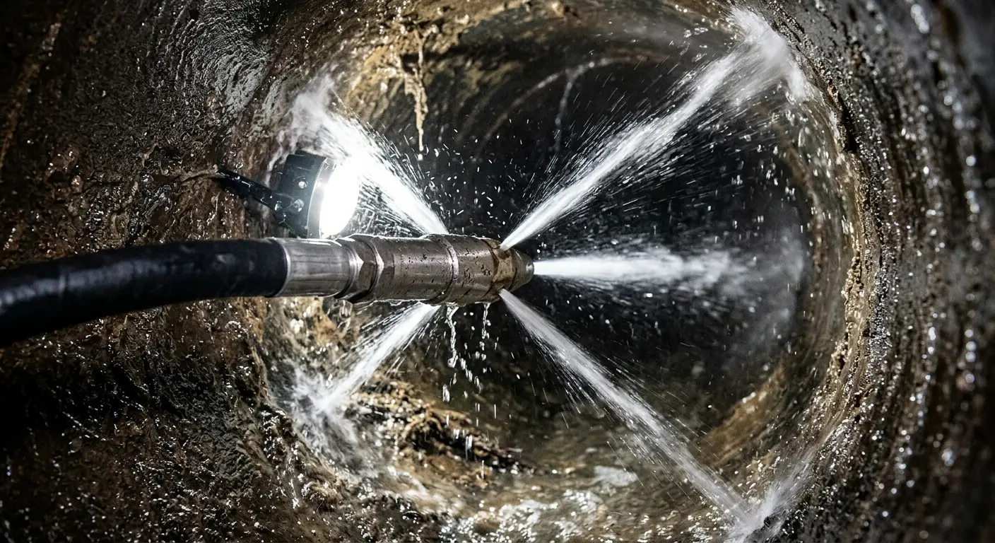 High-pressure hydro jetting nozzle cleaning sewer pipe for Sewer Cleanout in North Dansville