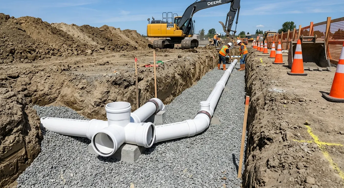 New PVC sewer pipe installation in open trench for Sewer Backup in North Dansville