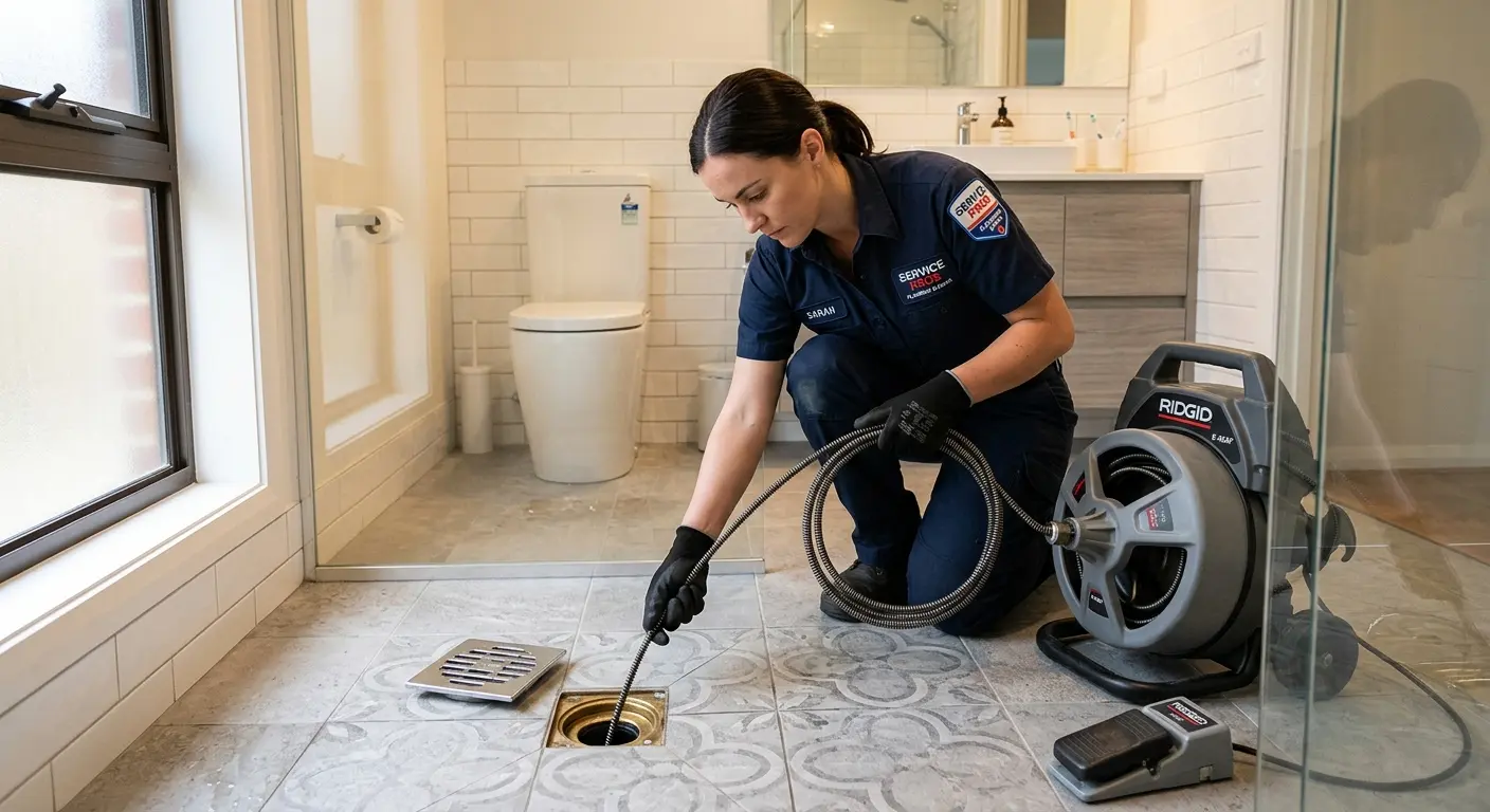 Technician clearing a bathroom floor drain for Drain Cleaning in North Dansville